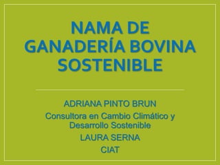 NAMA DE
GANADERÍA BOVINA
SOSTENIBLE
ADRIANA PINTO BRUN
Consultora en Cambio Climático y
Desarrollo Sostenible
LAURA SERNA
CIAT
 