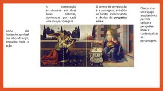 A composição
estrutura-se em duas
áreas distintas,
dominadas por cada
uma das personagens.
O centro da composição
é a paisagem, esbatida
ao fundo, evidenciando
a técnica da perspetiva
aérea.
O recurso a
um espaço
arquitetónico
permite
utilizar a
perspetiva
linear e
contextualizar
as
personagens.
Linha do
horizonte ao nível
dos olhos do anjo,
enquadra toda a
ação.
 