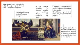 A porta entreabre-se
deixando ver o tálamo (o
leito conjugal), símbolo
da união entre o divino e
o humano, de um modo
transcendente.
O cipreste é a árvore da vida,
símbolo da imortalidade e da
ressurreição.
O pinheiro representa a
força vital, inquebrantável e
imortal.
3 ciprestes dividem o espaço de
ação do Anjo: representam o
Filho, o Pai e o Espírito Santo.
7 pinheiros definem o
pano de fundo da
paisagem.
O 4.º cipreste
simboliza o
Homem, pecador
mas redimido
através da
submissão de
Maria.
 