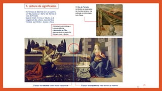 5. Leitura de significados
45
O Véu do Templo
simboliza a separação
do mundo terreno, e a
entrada na intimidade
com Deus.
Espaço da arquitetura: meio terreno e material
45
Espaço da natureza: meio divino e espiritual
A montanha simboliza a
transcendência,
a ascensão ao Céu,
representa o contacto do
Homem com o divino.
No Templo de Salomão (em Jerusalém),
um Véu separava o Santo dos Santos do
resto do Templo.
Quando Cristo morreu, o Véu ter-se-á
rasgado de alto a baixo, desvelando a
Verdade, permitindo o acesso a Deus.
 
