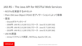 Copyright © 2019, Oracle and/or its affiliates. All rights reserved. |
JAX-RS – The Java API for RESTful Web Services
• RESTfulを実装するAPIセット
• Plain Old Java Object（POJO）をアノテーションによって修飾
• 歴史
– Oracleがスペックリード
– 2008年: JAX-RS 1.0 (JSR 311) リリース - Java EE 6 (JSR 316)
– 2013年: JAX-RS 2.0 (JSR 339) リリース - Java EE 7 (JSR 342)
– 2018年: JAX-RS 2.1 (JSR 370) リリース - Java EE 8 (JSR 366)
• JAX-RS実装
– Jersey（リファレンス実装）, RESTEasy, Apache CXF, etc.
 