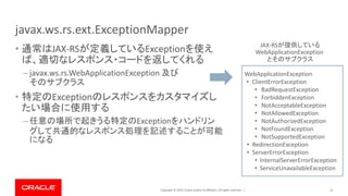 Copyright © 2019, Oracle and/or its affiliates. All rights reserved. |
javax.ws.rs.ext.ExceptionMapper
• 通常はJAX-RSが定義しているExceptionを使え
ば、適切なレスポンス・コードを返してくれる
– javax.ws.rs.WebApplicationException 及び
そのサブクラス
• 特定のExceptionのレスポンスをカスタマイズし
たい場合に使用する
– 任意の場所で起きうる特定のExceptionをハンドリン
グして共通的なレスポンス処理を記述することが可能
になる
15
WebApplicationException
• ClientErrorException
• BadRequestException
• ForbiddenException
• NotAcceptableException
• NotAllowedException
• NotAuthorizedException
• NotFoundException
• NotSupportedException
• RedirectionException
• ServerErrorException
• InternalServerErrorException
• ServiceUnavailableException
JAX-RSが提供している
WebApplicationException
とそのサブクラス
 