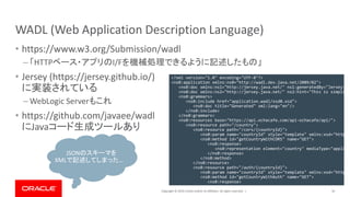 Copyright © 2019, Oracle and/or its affiliates. All rights reserved. |
WADL (Web Application Description Language)
• https://www.w3.org/Submission/wadl
– 「HTTPベース・アプリのI/Fを機械処理できるように記述したもの」
• Jersey (https://jersey.github.io/)
に実装されている
– WebLogic Serverもこれ
• https://github.com/javaee/wadl
にJavaコード生成ツールあり
34
<?xml version="1.0" encoding="UTF-8"?>
<ns0:application xmlns:ns0="http://wadl.dev.java.net/2009/02">
<ns0:doc xmlns:ns1="http://jersey.java.net/" ns1:generatedBy="Jersey: 2.
<ns0:doc xmlns:ns2="http://jersey.java.net/" ns2:hint="This is simplifie
<ns0:grammars>
<ns0:include href="application.wadl/xsd0.xsd">
<ns0:doc title="Generated" xml:lang="en"/>
</ns0:include>
</ns0:grammars>
<ns0:resources base="https://api.ochacafe.com/api-ochacafe/api/">
<ns0:resource path="/country">
<ns0:resource path="/cors/{countryId}">
<ns0:param name="countryId" style="template" xmlns:xsd="http:/
<ns0:method id="getCountryWithCORS" name="GET">
<ns0:response>
<ns0:representation element="country" mediaType="applica
</ns0:response>
</ns0:method>
</ns0:resource>
<ns0:resource path="/auth/{countryId}">
<ns0:param name="countryId" style="template" xmlns:xsd="http:/
<ns0:method id="getCountryWithAuth" name="GET">
<ns0:response>
JSONのスキーマを
XMLで記述してしまった…
 