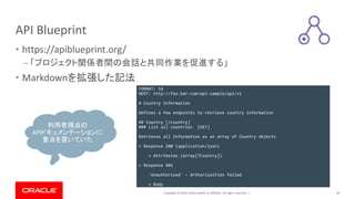 Copyright © 2019, Oracle and/or its affiliates. All rights reserved. |
API Blueprint
• https://apiblueprint.org/
– 「プロジェクト関係者間の会話と共同作業を促進する」
• Markdownを拡張した記法
36
FORMAT: 1A
HOST: http://foo.bar.com/api-sample/api/v1
# Country Information
Defines a few endpoints to retrieve country information
## Country [/country]
### List all countries [GET]
Retrieves all information as an array of Country objects
+ Response 200 (application/json)
+ Attributes (array[TCountry])
+ Response 401
`Unauthorized` - Arthorizaition failed
+ Body
利用者視点の
APIドキュメンテーションに
重点を置いていた
 