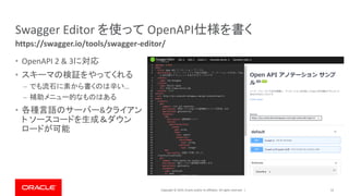 Copyright © 2019, Oracle and/or its affiliates. All rights reserved. |
Swagger Editor を使って OpenAPI仕様を書く
• OpenAPI 2 & 3に対応
• スキーマの検証をやってくれる
– でも流石に素から書くのは辛い…
– 補助メニュー的なものはある
• 各種言語のサーバー&クライアン
ト ソースコードを生成＆ダウン
ロードが可能
52
https://swagger.io/tools/swagger-editor/
 