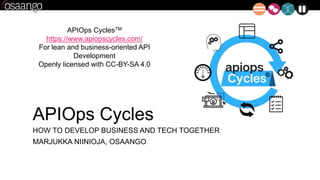 APIOps Cycles
HOW TO DEVELOP BUSINESS AND TECH TOGETHER
MARJUKKA NIINIOJA, OSAANGO
APIOps CyclesTM
https://www.apiopscycles.com/
For lean and business-oriented API
Development
Openly licensed with CC-BY-SA 4.0
 