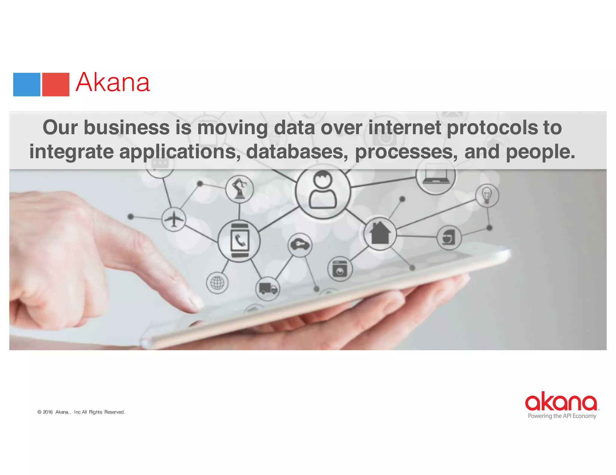 © 2016 Akana., Inc All Rights Reserved.
Powering the API Economy
Akana
Our business is moving data over internet protocols to
integrate applications, databases, processes, and people.
 