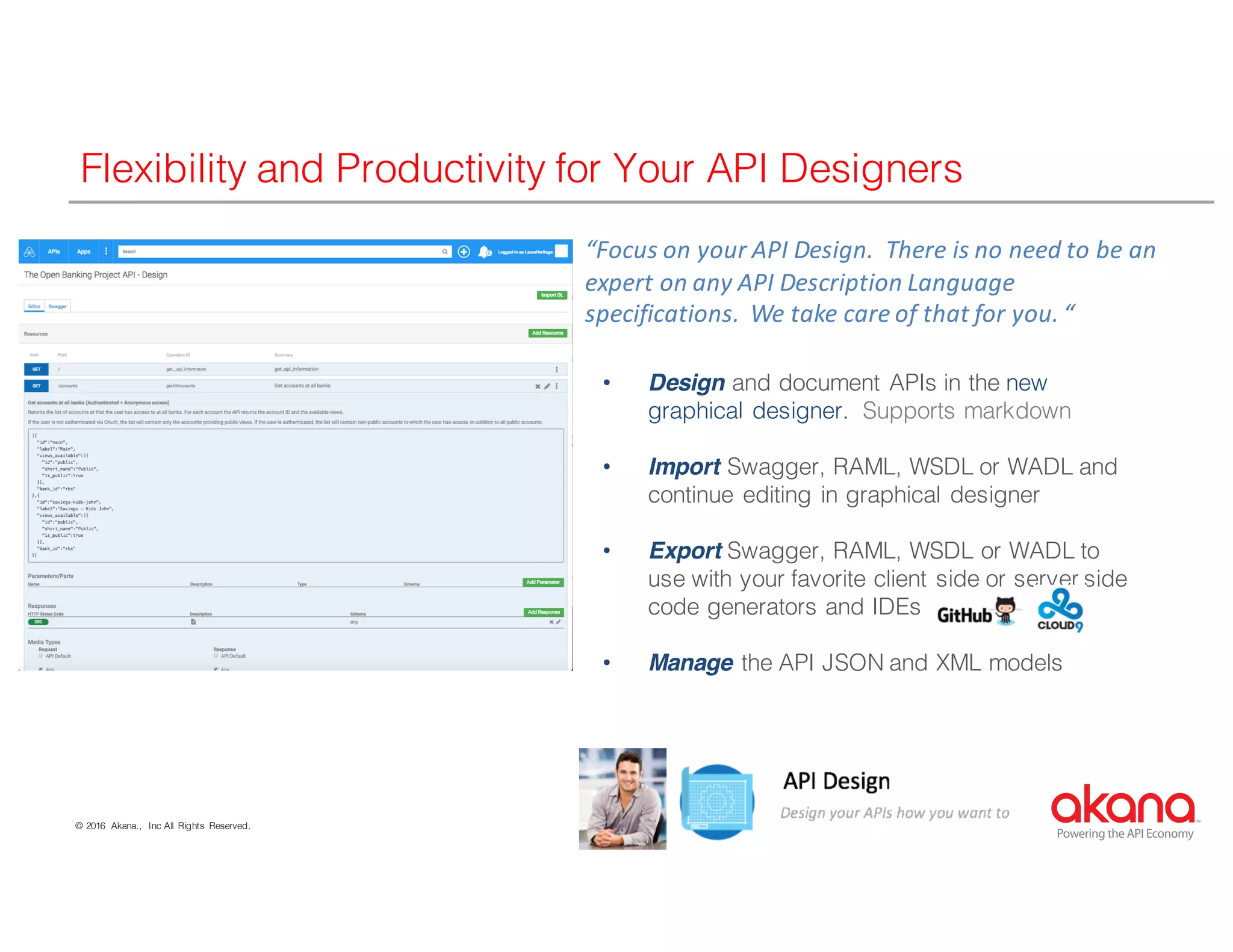 © 2016 Akana., Inc All Rights Reserved.
Powering the API Economy
Flexibility and Productivity for Your API Designers
• Design and document APIs in the new
graphical designer. Supports markdown
• Import Swagger, RAML, WSDL or WADL and
continue editing in graphical designer
• Export Swagger, RAML, WSDL or WADL to
use with your favorite client side or server side
code generators and IDEs
• Manage the API JSON and XML models
“Focus	
  on	
  your	
  API	
  Design.	
  	
  There	
  is	
  no	
  need	
  to	
  be	
  an	
  
expert	
  on	
  any	
  API	
  Description	
  Language	
  
specifications.	
  	
  We	
  take	
  care	
  of	
  that	
  for	
  you.	
  “
 
