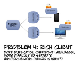 presentation




               presentation



                              http
  business
   logic
                                                    presentation




               presentation



                              http




problem 4: rich client
more duplication (different languages),
more difficult to separate
responsibilities (where is what?)
 