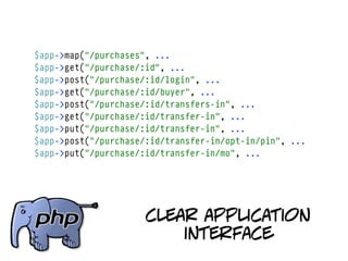 $app->map("/purchases", ...
$app->get("/purchase/:id", ...
$app->post("/purchase/:id/login", ...
$app->get("/purchase/:id/buyer", ...
$app->post("/purchase/:id/transfers-in", ...
$app->get("/purchase/:id/transfer-in", ...
$app->put("/purchase/:id/transfer-in", ...
$app->post("/purchase/:id/transfer-in/opt-in/pin", ...
$app->put("/purchase/:id/transfer-in/mo", ...




                      clear application
                          interface
 