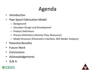 Agenda
• Introduction
• Pipe Spool Fabrication Model
–
–
–
–
–

•
•
•
•
•

Background
Simulator Design and Development
Product Definitions
Process Definitions (Activity Flow, Resources)
Model Structure (Parameters Interface, DES Model, Outputs)

Potential Benefits
Future Work
Conclusions
Acknowledgements
Q&A

 