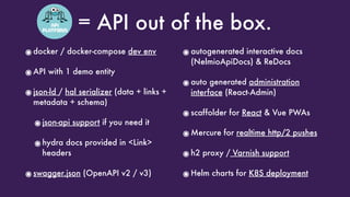 = API out of the box.
๏docker / docker-compose dev env
๏API with 1 demo entity
๏json-ld / hal serializer (data + links +
metadata + schema)
๏json-api support if you need it
๏hydra docs provided in <Link>
headers
๏swagger.json (OpenAPI v2 / v3)
๏autogenerated interactive docs
(NelmioApiDocs) & ReDocs
๏auto generated administration
interface (React-Admin)
๏scaffolder for React & Vue PWAs
๏Mercure for realtime http/2 pushes
๏h2 proxy / Varnish support
๏Helm charts for K8S deployment
 