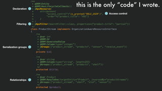 /**
* @ORMEntity
* @ORMHasLifecycleCallbacks()
* @ApiResource(
* attributes={
* "access_control"="is_granted('ROLE_USER')",
* "order"={"product.title": "ASC"}
* }
* )
* @ApiFilter(SearchFilter::class, properties={"product.title": "partial"})
*/
class ProductStream implements OrganizationAwareResourceInterface
{
/**
* @var int
* @ORMId
* @ORMGeneratedValue
* @ORMColumn(type="integer")
* @Groups({"product_stream", "products", "sensor", "receive_event"})
*/
private $id;
/**
* @var string
* @ORMColumn(type="string", length=255)
* @Groups({"product_stream", "products", "shelf"})
*/
protected $title;
/**
* @var Product
* @ORMManyToOne(targetEntity="Product", inversedBy="productStreams")
* @Groups({"product_stream", "shelf", "slot", "sensor"})
*/
protected $product;
Declaration
Filtering
Serialization groups
Relationships
Access control
this is the only “code” I wrote.
 