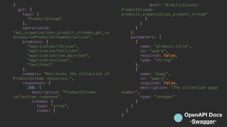 {
get: {
tags: [
"ProductStream"
],
operationId:
"api_organizations_product_streams_get_su
bresourceProductStreamCollection",
produces: [
"application/ld+json",
"application/hal+json",
"application/vnd.api+json",
"application/json",
"text/html"
],
summary: "Retrieves the collection of
ProductStream resources.",
responses: {
200: {
description: "ProductStream
collection response",
schema: {
type: "array",
items: {
$ref: "#/definitions/
ProductStream-
products_organization_product_stream"
}
}
}
},
parameters: [
{
name: "product.title",
in: "query",
required: false,
type: "string"
},
{
name: "page",
in: "query",
required: false,
description: "The collection page
number",
type: "integer"
}
]
}
} OpenAPI Docs 
“Swagger”
 