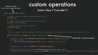 class AssignProductToSlot
{
/** @var DoctrineORMEntityManagerInterface */
private $em;
/** @var InventoryChangeEventStorageInterface */
private $eventStorage;
/** @var LoggerInterface $logger */
private $logger;
/**
* the __invoke() method parameter MUST be called $data, otherwise, it will not be filled correctly
*/
public function __invoke(Slot $data, $product_id)
{
$product = $this->em->getRepository(Product::class)->find($product_id);
if (!$product) {
throw new NotFoundHttpException("product $product_id unknown");
}
$organization = $data->getShelf()->getOrganization();
$productStreamRepo = $this->em->getRepository(ProductStream::class);
$productStream = $productStreamRepo->findOneBy(['organization' => $organization, 'product' => $product_id]
custom operations
Action Class (“Controller”)
Action Class 
Action Domain Responder pattern
Automatic Deserialization
 