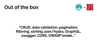 +
Out of the box
“CRUD, data validation, pagination,
fi
ltering, sorting, json/hydra, GraphQL,
swagger, CORS, OWASP inside…”
 