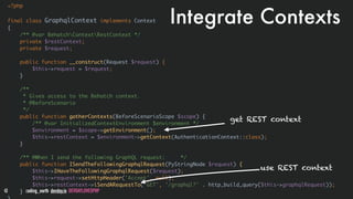@stadolf @coding_earth devday.io DEVDAYLOVESPHP
Integrate Contexts
<?php
final class GraphqlContext implements Context
{
/** @var BehatchContextRestContext */
private $restContext;
private $request;
public function __construct(Request $request) {
$this->request = $request;
}
/**
* Gives access to the Behatch context.
* @BeforeScenario
*/
public function gatherContexts(BeforeScenarioScope $scope) {
/** @var InitializedContextEnvironment $environment */
$environment = $scope->getEnvironment();
$this->restContext = $environment->getContext(AuthenticationContext::class);
}
/** @When I send the following GraphQL request: */
public function ISendTheFollowingGraphqlRequest(PyStringNode $request) {
$this->IHaveTheFollowingGraphqlRequest($request);
$this->request->setHttpHeader('Accept', null);
$this->restContext->iSendARequestTo('GET', '/graphql?' . http_build_query($this->graphqlRequest));
}
get REST context
use REST context
 