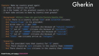 @stadolf @coding_earth devday.io DEVDAYLOVESPHP
GherkinFeature: Make my country great again
In order to improve the world
As a the leader of the greatest country in the world
I must take actions to make my country even greater
Background: #https://www.cdc.gov/nchs/fastats/deaths.htm
Given There is a country called "USA" with 327167434 citizens
And "Donald Trump" is its president
And birth rate is 13 per 1000
And "55" out of "10000" citizens die because of "natural reasons"
And "4" out of "10000" citizens die because of "accidents"
And "13" out of "100000" citizens die because of "suicide"
And "5" out of "100000" citizens die because of "homicide"
And "53691" new citizens arrive as "refugees"
Scenario:
When The president runs that country for "8" years
Then There should me more citizens in the country than 340000000
And There should me less citizens in the country than 350000000
 
