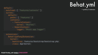 @stadolf @coding_earth devday.io DEVDAYLOVESPHP
Behat.ymldefault:
autoload: [ 'features/contexts' ]
suites:
default:
paths: [ 'features' ]
contexts:
- FeatureContext:
kernel: "@kernel"
- DomainContext:
logger: "@test.app.logger"
extensions:
BehatSymfony2Extension:
kernel:
bootstrap: features/bootstrap/bootstrap.php
class: AppKernel
+ symfony 2 extension
 