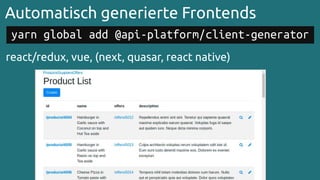 Automatisch generierte Frontends
react/redux, vue, (next, quasar, react native)
yarn global add @api-platform/client-generator
 