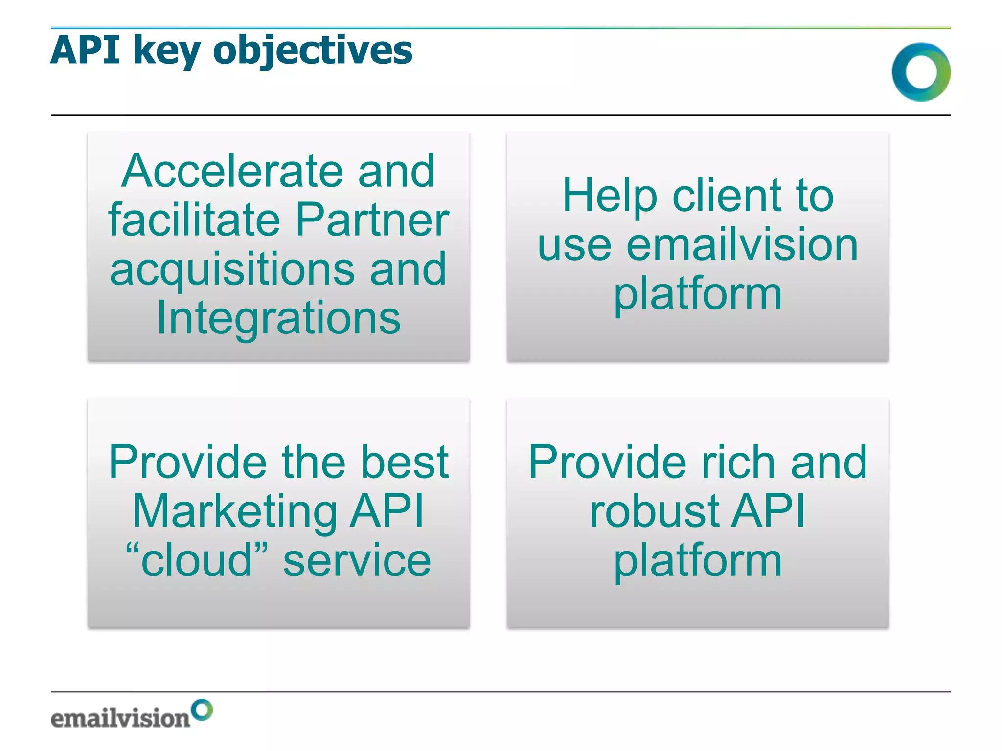 API key objectives


   Accelerate and
                        Help client to
  facilitate Partner
                       use emailvision
  acquisitions and
                          platform
    Integrations


  Provide the best     Provide rich and
   Marketing API          robust API
   “cloud” service         platform
 