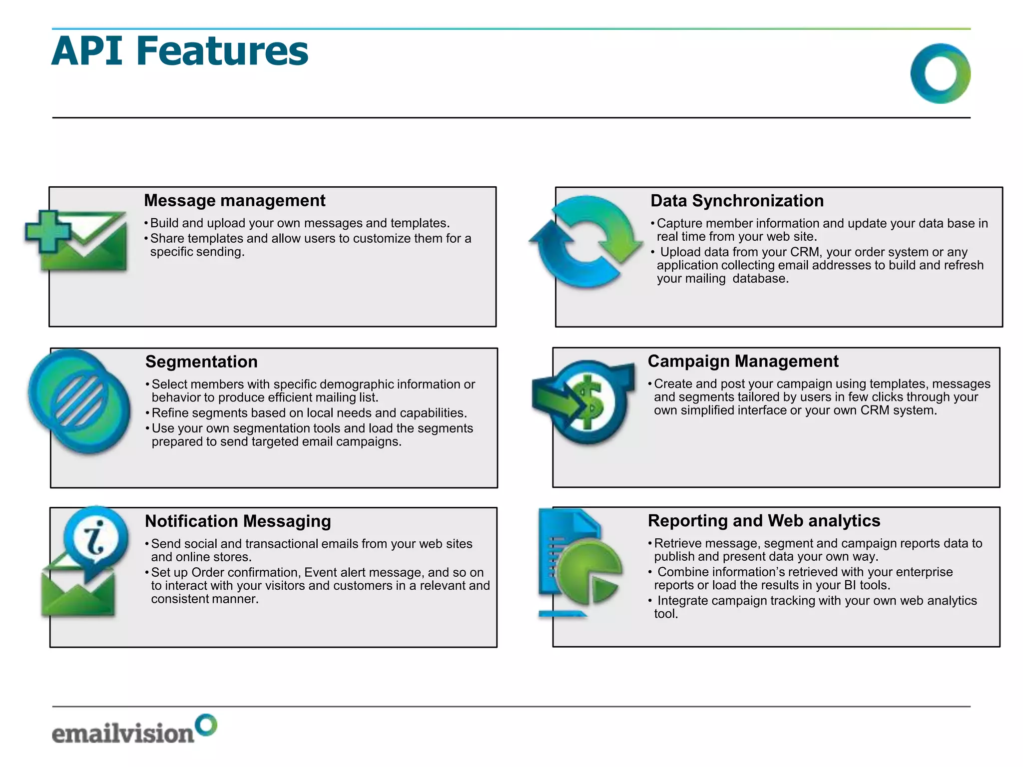 API Features


    Message management                                                 Data Synchronization
    • Build and upload your own messages and templates.                • Capture member information and update your data base in
    • Share templates and allow users to customize them for a            real time from your web site.
      specific sending.                                                • Upload data from your CRM, your order system or any
                                                                         application collecting email addresses to build and refresh
                                                                         your mailing database.




    Segmentation                                                       Campaign Management
    • Select members with specific demographic information or          • Create and post your campaign using templates, messages
      behavior to produce efficient mailing list.                        and segments tailored by users in few clicks through your
    • Refine segments based on local needs and capabilities.             own simplified interface or your own CRM system.
    • Use your own segmentation tools and load the segments
      prepared to send targeted email campaigns.




    Notification Messaging                                             Reporting and Web analytics
    • Send social and transactional emails from your web sites         • Retrieve message, segment and campaign reports data to
      and online stores.                                                 publish and present data your own way.
    • Set up Order confirmation, Event alert message, and so on        • Combine information’s retrieved with your enterprise
      to interact with your visitors and customers in a relevant and     reports or load the results in your BI tools.
      consistent manner.                                               • Integrate campaign tracking with your own web analytics
                                                                         tool.
 