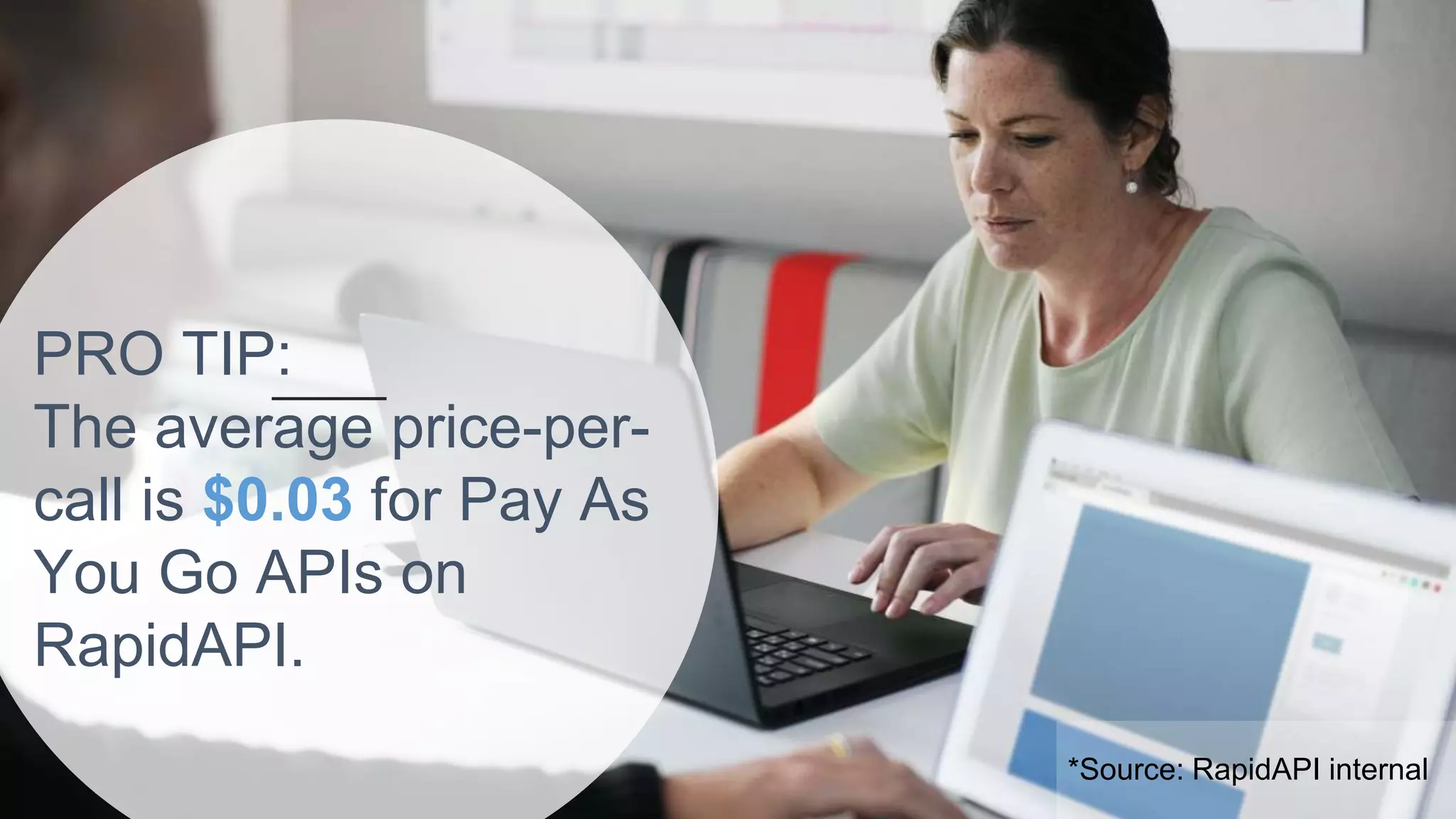 R Software Inc. | 600 California St, San Francisco, CA | www.rapidapi.com
*Source: RapidAPI internal
PRO TIP:
The average price-per-
call is $0.03 for Pay As
You Go APIs on
RapidAPI.
 