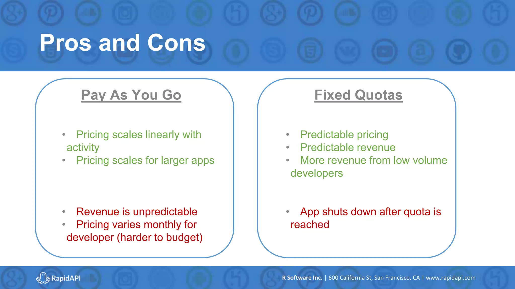 R Software Inc. | 600 California St, San Francisco, CA | www.rapidapi.com
Pros and Cons
Pay As You Go Fixed Quotas
• Predictable pricing
• Predictable revenue
• More revenue from low volume
developers
• App shuts down after quota is
reached
• Pricing scales linearly with
activity
• Pricing scales for larger apps
• Revenue is unpredictable
• Pricing varies monthly for
developer (harder to budget)
 