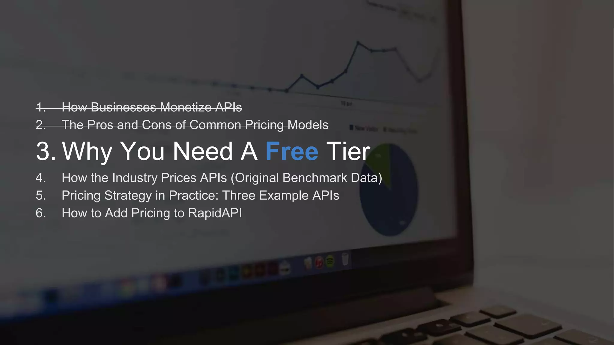 R Software Inc. | 600 California St, San Francisco, CA | www.rapidapi.com
1. How Businesses Monetize APIs
2. The Pros and Cons of Common Pricing Models
3. Why You Need A Free Tier
4. How the Industry Prices APIs (Original Benchmark Data)
5. Pricing Strategy in Practice: Three Example APIs
6. How to Add Pricing to RapidAPI
 