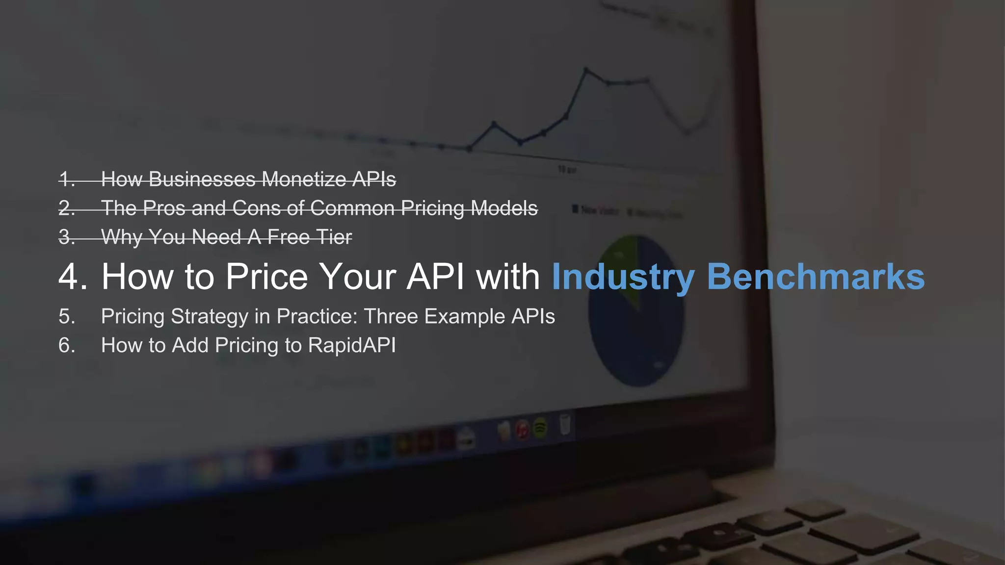 R Software Inc. | 600 California St, San Francisco, CA | www.rapidapi.com
1. How Businesses Monetize APIs
2. The Pros and Cons of Common Pricing Models
3. Why You Need A Free Tier
4. How to Price Your API with Industry Benchmarks
5. Pricing Strategy in Practice: Three Example APIs
6. How to Add Pricing to RapidAPI
 