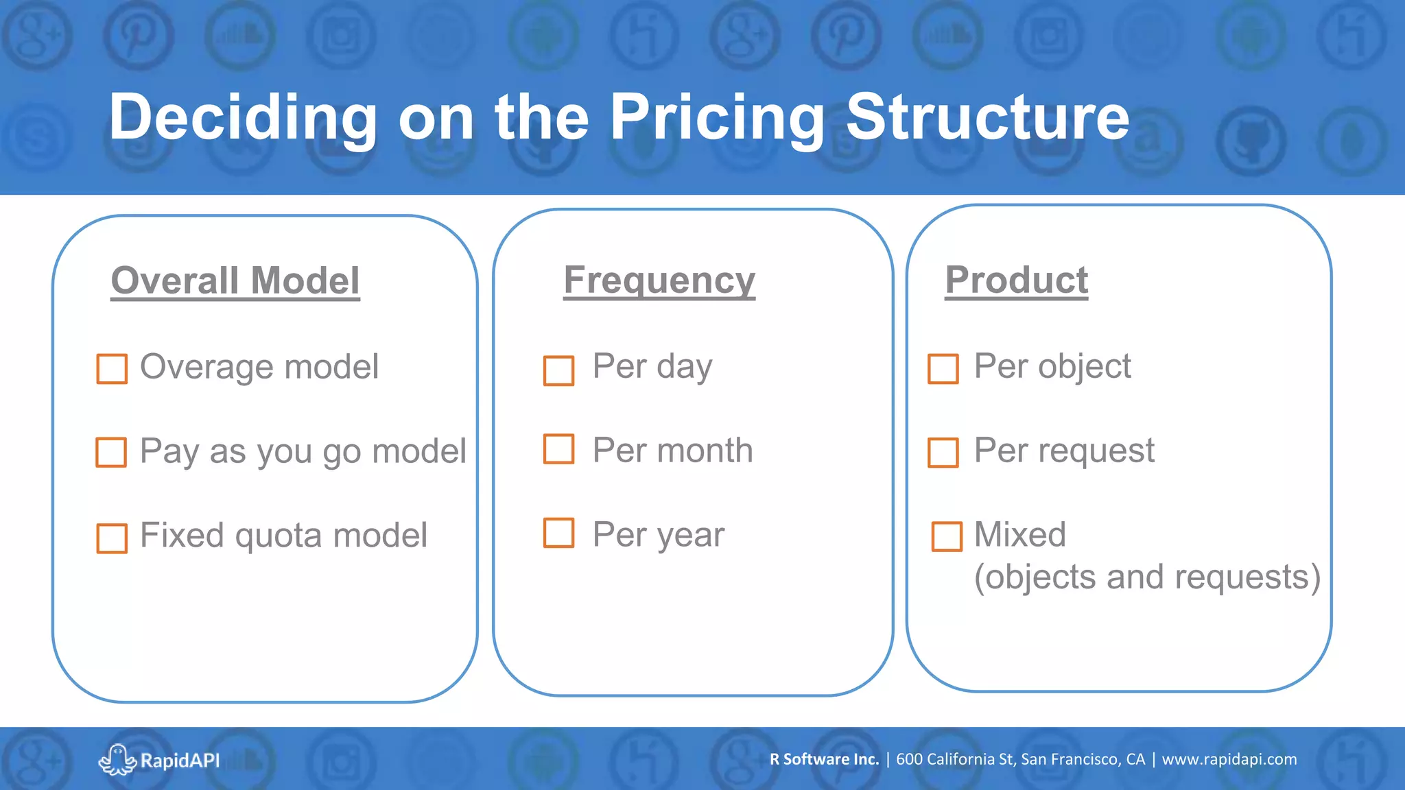 R Software Inc. | 600 California St, San Francisco, CA | www.rapidapi.com
Deciding on the Pricing Structure
Overall Model
Overage model
Pay as you go model
Fixed quota model
Frequency
Per day
Per month
Per year
Product
Per object
Per request
Mixed
(objects and requests)
 
