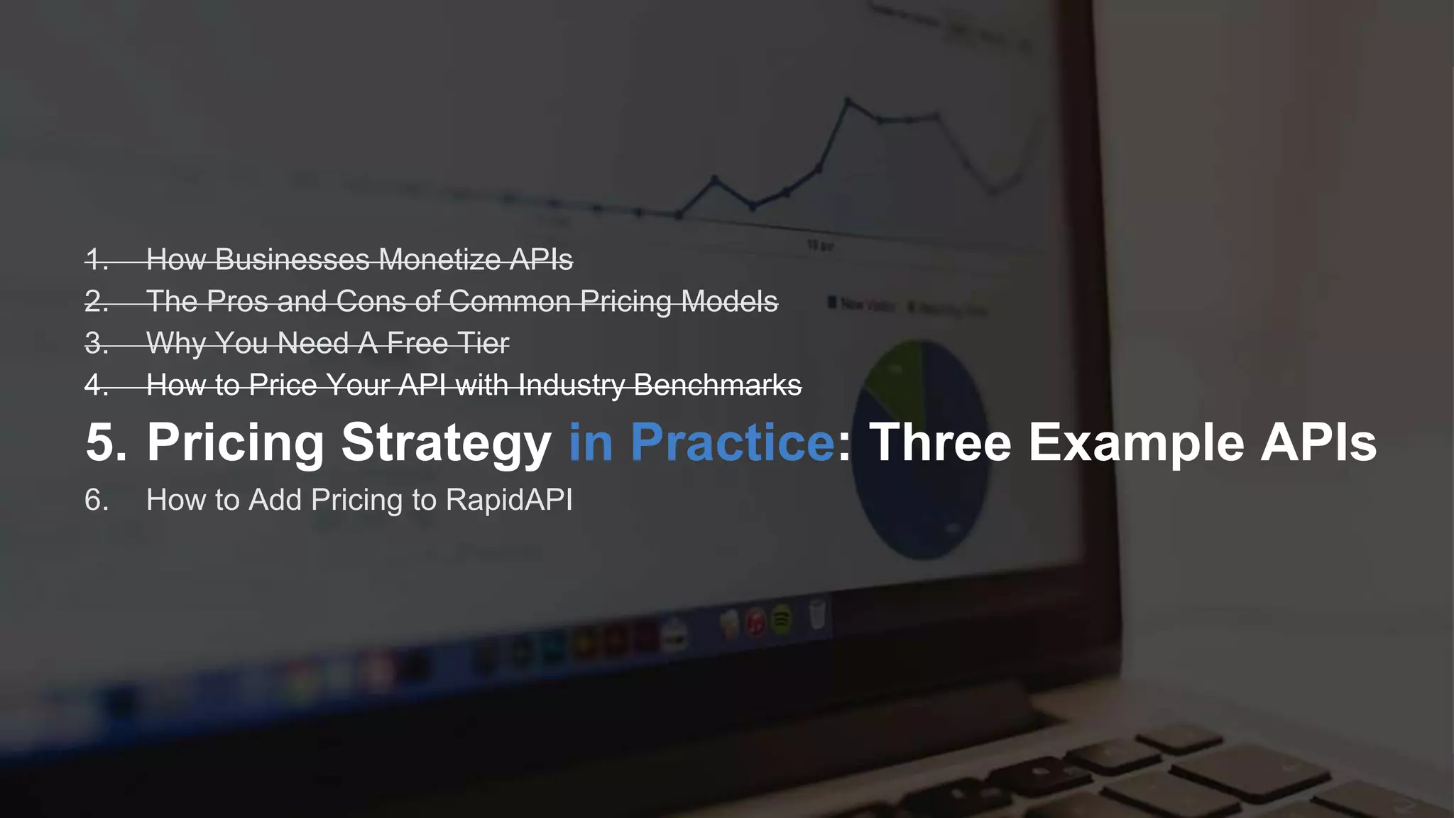 R Software Inc. | 600 California St, San Francisco, CA | www.rapidapi.com
1. How Businesses Monetize APIs
2. The Pros and Cons of Common Pricing Models
3. Why You Need A Free Tier
4. How to Price Your API with Industry Benchmarks
5. Pricing Strategy in Practice: Three Example APIs
6. How to Add Pricing to RapidAPI
 