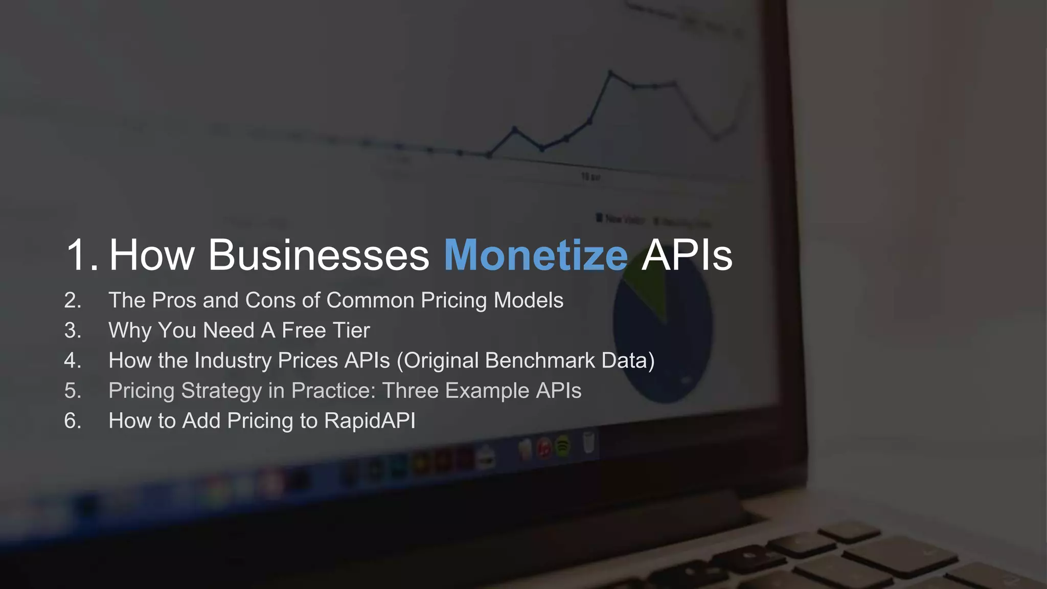 R Software Inc. | 600 California St, San Francisco, CA | www.rapidapi.com
1. How Businesses Monetize APIs
2. The Pros and Cons of Common Pricing Models
3. Why You Need A Free Tier
4. How the Industry Prices APIs (Original Benchmark Data)
5. Pricing Strategy in Practice: Three Example APIs
6. How to Add Pricing to RapidAPI
 
