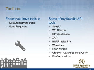 Toolbox
Ensure you have tools to
•  Capture network traﬀic
•  Send Requests
Some of my favorite API tools
•  SoapUI
•  WSAttacker
•  HP WebInspect
•  ZAP
•  BURP Suite Pro
•  Wireshark
•  Echo Mirage
•  Chrome: Advanced Rest Client
•  Firefox: Hackbar
10
 