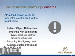 Lack of access controls | Concerns
APIs don’t always verify the requestor
is authorized for the target object
•  Indirect Object References
•  Tampering with commands
–  Bypass client-side controls
–  Tampering with queries
•  Incoming & outgoing data
•  Malicious upload/download
27
 
