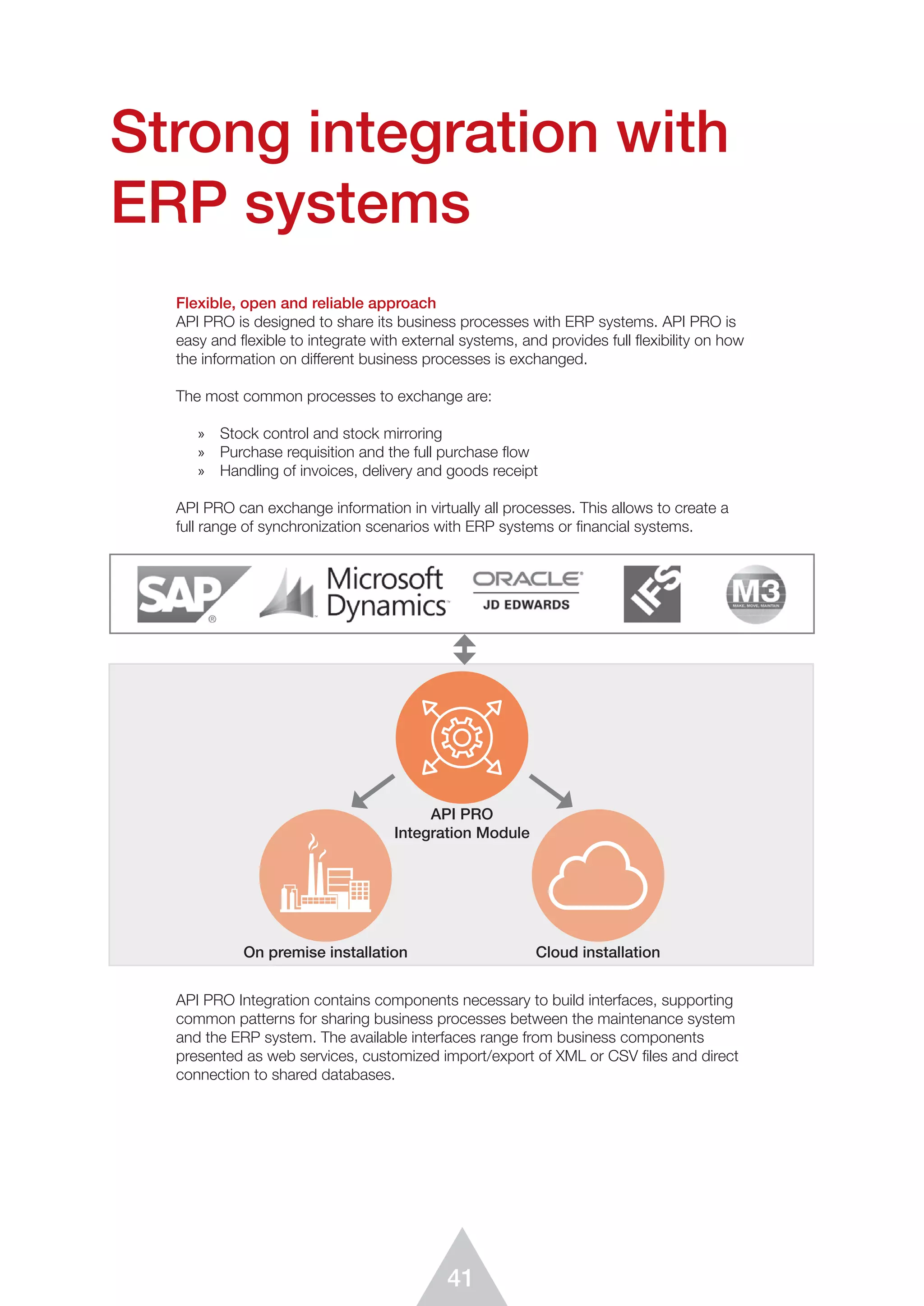 41
Flexible, open and reliable approach
API PRO is designed to share its business processes with ERP systems. API PRO is
easy and flexible to integrate with external systems, and provides full flexibility on how
the information on different business processes is exchanged.
The most common processes to exchange are:
»	 Stock control and stock mirroring
»	 Purchase requisition and the full purchase flow
»	 Handling of invoices, delivery and goods receipt
API PRO can exchange information in virtually all processes. This allows to create a
full range of synchronization scenarios with ERP systems or financial systems.
Strong integration with
ERP systems
API PRO Integration contains components necessary to build interfaces, supporting
common patterns for sharing business processes between the maintenance system
and the ERP system. The available interfaces range from business components
presented as web services, customized import/export of XML or CSV files and direct
connection to shared databases.
API PRO
Integration Module
On premise installation Cloud installation
 