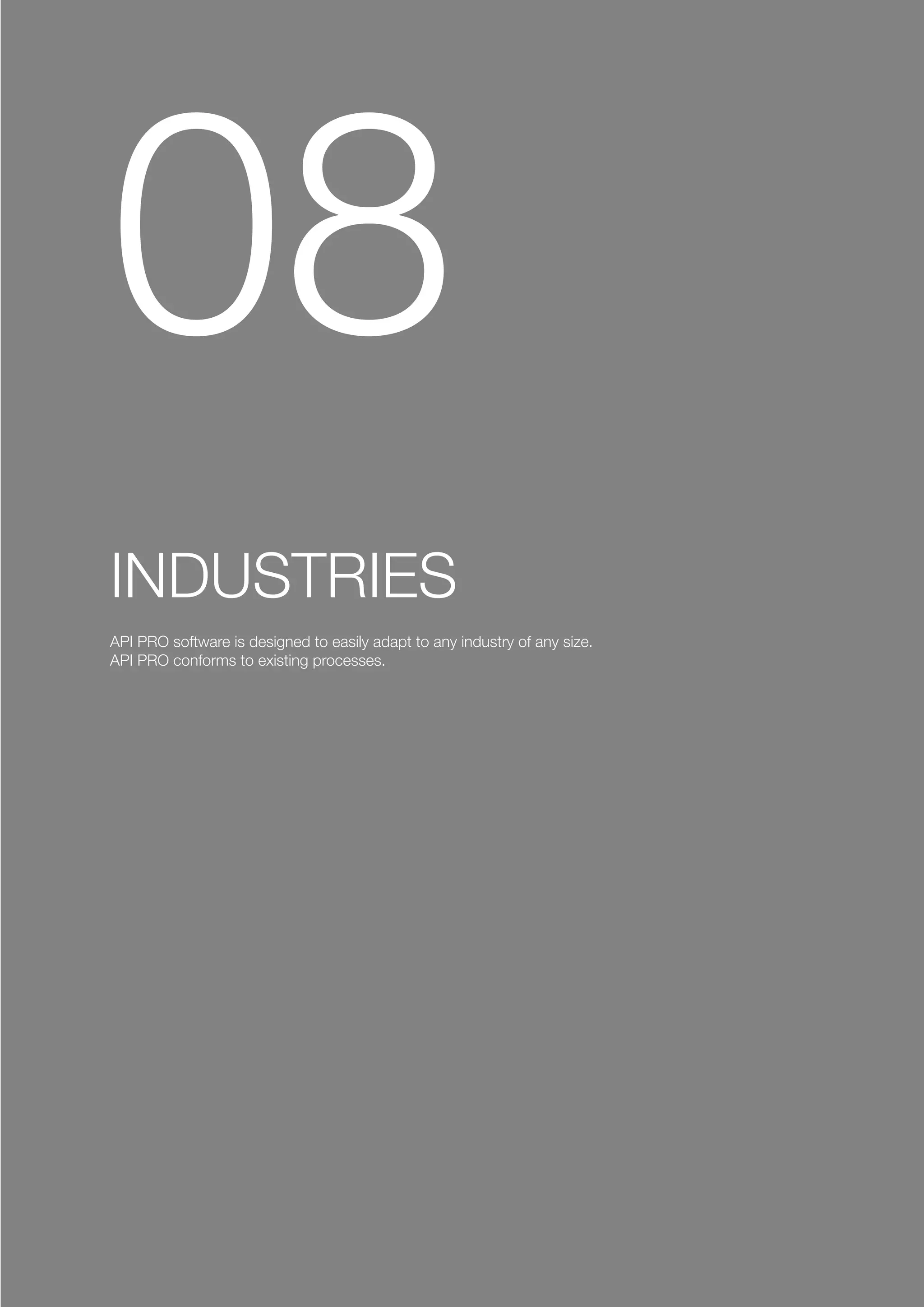 08
INDUSTRIES
API PRO software is designed to easily adapt to any industry of any size.
API PRO conforms to existing processes.
 