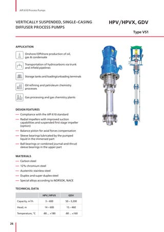 26
APPLICATION
Onshore/Offshore production of oil,
gas & condensate
Transportation of hydrocarbons via trunk
and infield pipelines
Storage tanks and loading/unloading terminals
Oil refining and petroleum chemistry
processes
Gas processing and gas chemistry plants
DESIGN FEATURES
— Compliance with the API 610 standard
— Radial impellers with improved suction
capabilities and suspended first stage impeller
(option)
— Balance piston for axial forces compensation
— Sleeve bearings lubricated by the pumped
liquid in the immersed part
— Ball bearings or combined journal-and-thrust
sleeve bearings in the upper part
MATERIALS
— Carbon steel
— 12% chromium steel
— Austenitic stainless steel
— Duplex and super duplex steel
— Special alloys according to NORSOK, NACE
TECHNICAL DATA
HPV/HPVX GDV
Capacity, m3
/h 3 – 600 50 – 3,200
Head, m 14 – 600 15 – 460
Temperature, °С -80 ... +180 -80 ... +160
HPV/HPVX, GDV
Type VS1
VERTICALLY SUSPENDED, SINGLE-CASING
DIFFUSER PROCESS PUMPS
API 610 Process Pumps
 