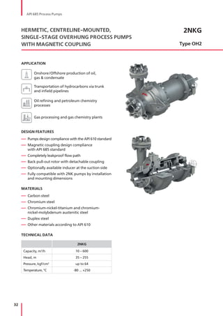 32
APPLICATION
Onshore/Offshore production of oil,
gas & condensate
Transportation of hydrocarbons via trunk
and infield pipelines
Oil refining and petroleum chemistry
processes
Gas processing and gas chemistry plants
DESIGN FEATURES
— Pumps design compliance with the API 610 standard
— Magnetic coupling design compliance
with API 685 standard
— Completely leakproof flow path
— Back pull-out rotor with detachable coupling
— Optionally available inducer at the suction side
— Fully compatible with 2NK pumps by installation
and mounting dimensions
MATERIALS
— Carbon steel
— Chromium steel
— Chromium-nickel-titanium and chromium-
nickel-molybdenum austenitic steel
— Duplex steel
— Other materials according to API 610
TECHNICAL DATA
2NKG
Capacity, m3
/h 10 – 600
Head, m 35 – 255
Pressure, kgf/cm2
up to 64
Temperature, °С -80 ... +250
2NKG
Type ОH2
HERMETIC, CENTRELINE-MOUNTED,
SINGLE-STAGE OVERHUNG PROCESS PUMPS
WITH MAGNETIC COUPLING
API 685 Process Pumps
 