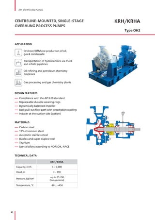 4
API 610 Process Pumps
KRH/KRHA
Type ОH2
CENTRELINE-MOUNTED, SINGLE-STAGE
OVERHUNG PROCESS PUMPS
APPLICATION
Onshore/Offshore production of oil,
gas & condensate
Transportation of hydrocarbons via trunk
and infield pipelines
Oil refining and petroleum chemistry
processes
Gas processing and gas chemistry plants
DESIGN FEATURES
— Compliance with the API 610 standard
— Replaceable durable wearing rings
— Dynamically balanced impeller
— Back pull-out flow path with detachable coupling
— Inducer at the suction side (option)
MATERIALS
— Carbon steel
— 12% chromium steel
— Austenitic stainless steel
— Duplex and super duplex steel
— Titanium
— Special alloys according to NORSOK, NACE
TECHNICAL DATA
KRH/KRHA
Capacity, m3
/h 3 – 5,000
Head, m 3 – 390
Pressure, kgf/cm2 up to 55 / 90
(two versions)
Temperature, °С -80 ... +450
 