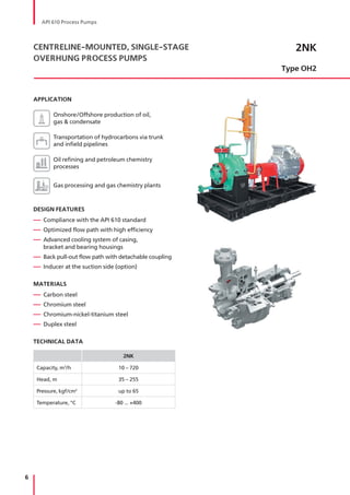 6
2NK
Type ОН2
CENTRELINE-MOUNTED, SINGLE-STAGE
OVERHUNG PROCESS PUMPS
APPLICATION
Onshore/Offshore production of oil,
gas & condensate
Transportation of hydrocarbons via trunk
and infield pipelines
Oil refining and petroleum chemistry
processes
Gas processing and gas chemistry plants
DESIGN FEATURES
— Compliance with the API 610 standard
— Optimized flow path with high efficiency
— Advanced cooling system of casing,
bracket and bearing housings
— Back pull-out flow path with detachable coupling
— Inducer at the suction side (option)
MATERIALS
— Carbon steel
— Chromium steel
— Chromium-nickel-titanium steel
— Duplex steel
TECHNICAL DATA
2NK
Capacity, m3
/h 10 – 720
Head, m 35 – 255
Pressure, kgf/cm2
up to 65
Temperature, °С -80 ... +400
API 610 Process Pumps
 