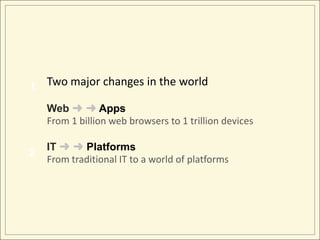 1   Two major changes in the world

    Web ➜ ➜ Apps
    From 1 billion web browsers to 1 trillion devices

    IT ➜ ➜ Platforms
2
    From traditional IT to a world of platforms
 