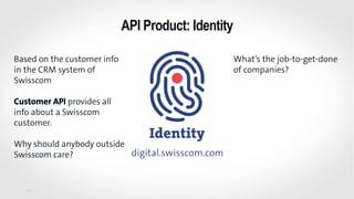 API Product: Identity
28
Based on the customer info
in the CRM system of
Swisscom
Customer API provides all
info about a Swisscom
customer.
Why should anybody outside
Swisscom care?
What’s the job-to-get-done
of companies?
 