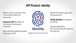 API Product: Identity
30
Based on the customer info
in the CRM system of
Swisscom
Customer API provides all
info about a Swisscom
customer.
Why should anybody outside
Swisscom care?
What’s the job-to-get-done
of companies?
Verify identity of prospect
customer.
Value proposition:
Service to verify the identity
of a person.
 
