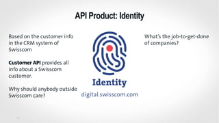 API Product: Identity
28
Based on the customer info
in the CRM system of
Swisscom
Customer API provides all
info about a S...