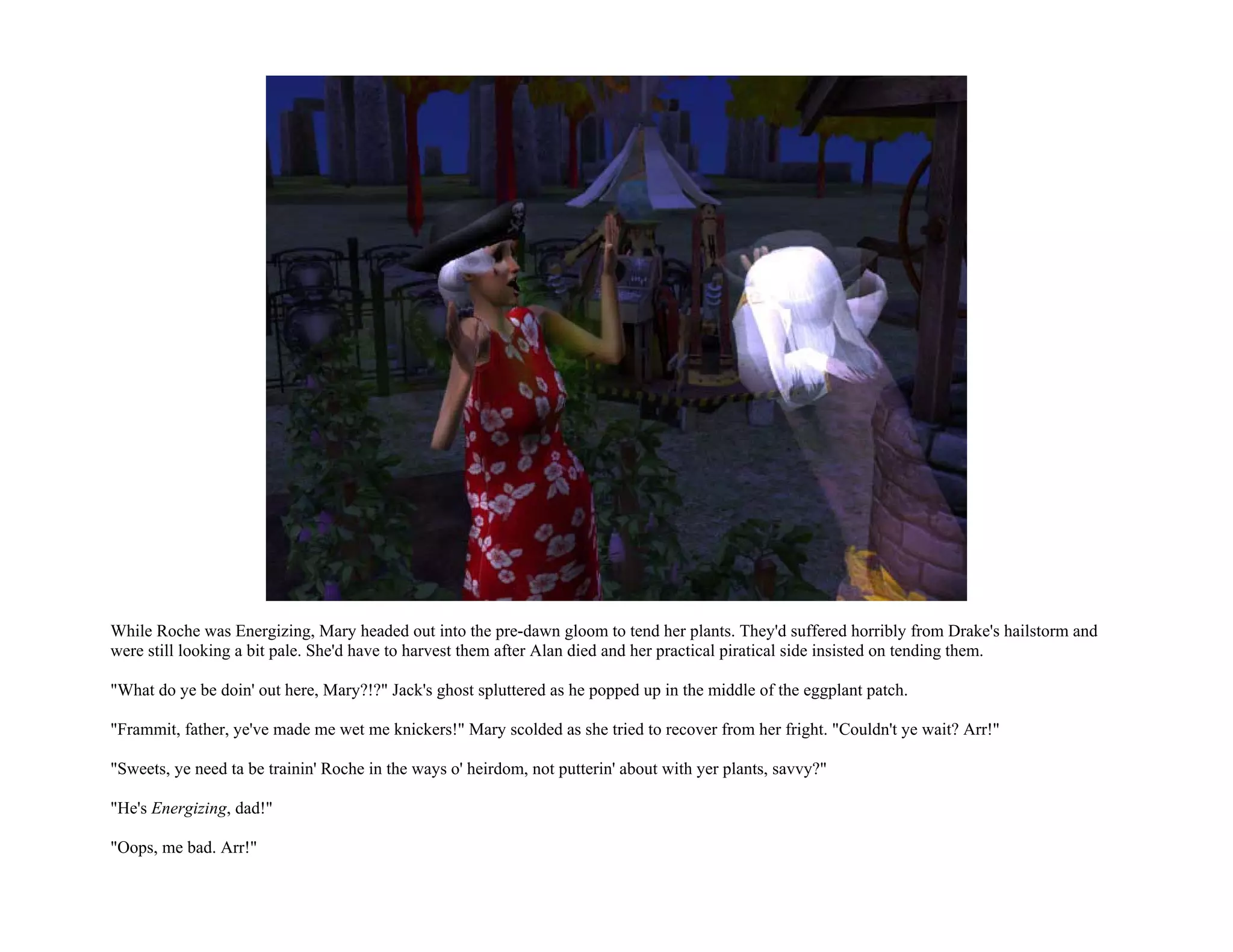 While Roche was Energizing, Mary headed out into the pre-dawn gloom to tend her plants. They'd suffered horribly from Drake's hailstorm and
were still looking a bit pale. She'd have to harvest them after Alan died and her practical piratical side insisted on tending them.

"What do ye be doin' out here, Mary?!?" Jack's ghost spluttered as he popped up in the middle of the eggplant patch.

"Frammit, father, ye've made me wet me knickers!" Mary scolded as she tried to recover from her fright. "Couldn't ye wait? Arr!"

"Sweets, ye need ta be trainin' Roche in the ways o' heirdom, not putterin' about with yer plants, savvy?"

"He's Energizing, dad!"

"Oops, me bad. Arr!"
 