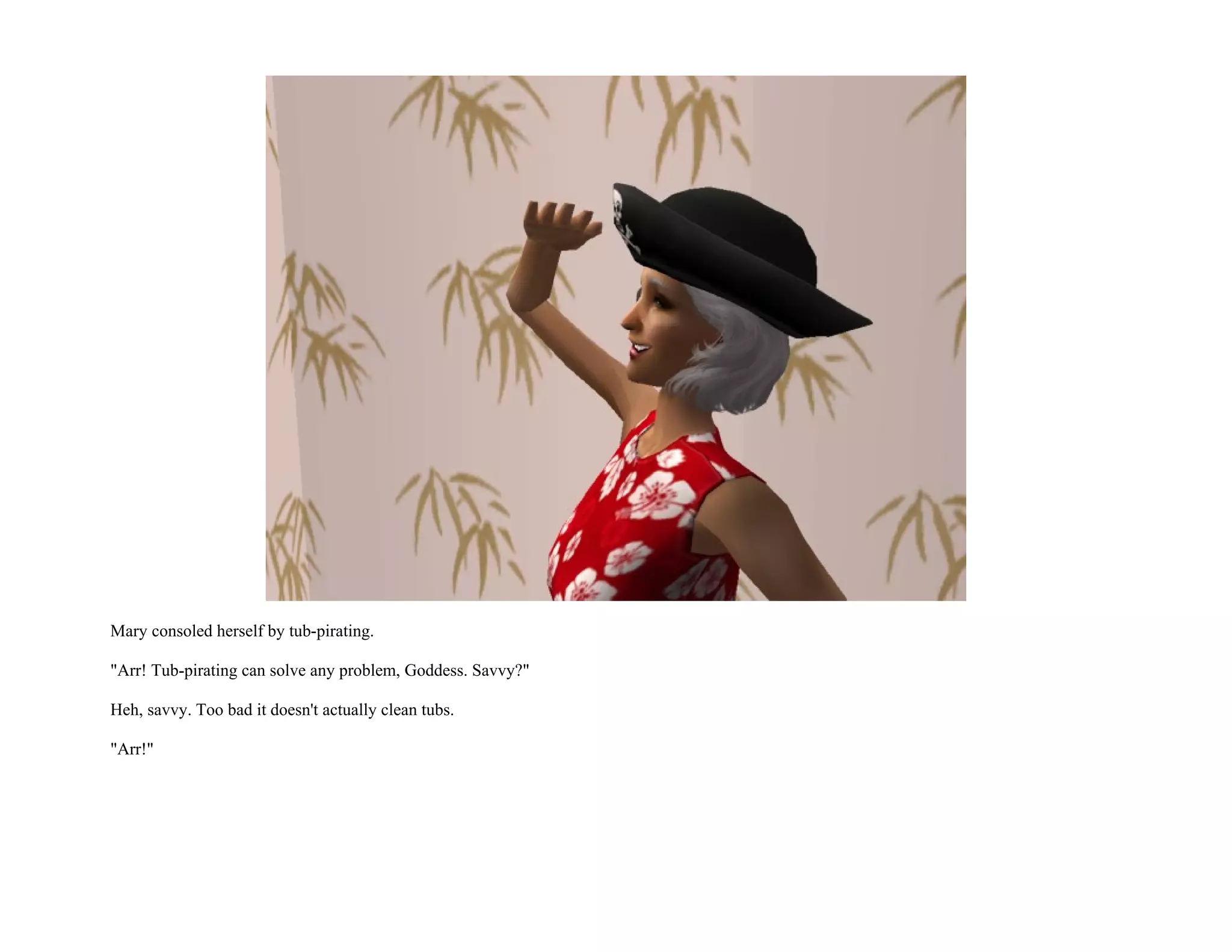 Mary consoled herself by tub-pirating.

"Arr! Tub-pirating can solve any problem, Goddess. Savvy?"

Heh, savvy. Too bad it doesn't actually clean tubs.

"Arr!"
 