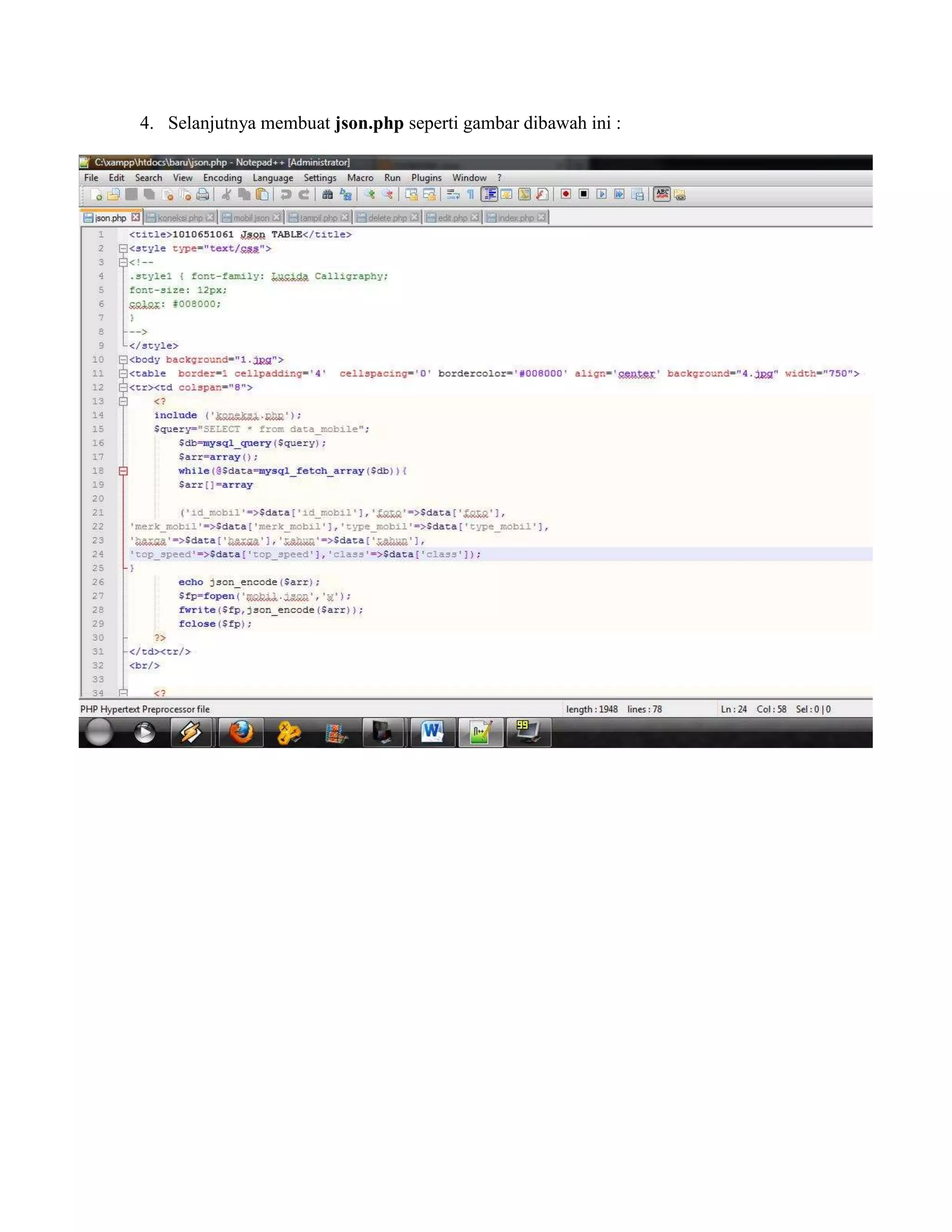 4. Selanjutnya membuat json.php seperti gambar dibawah ini :