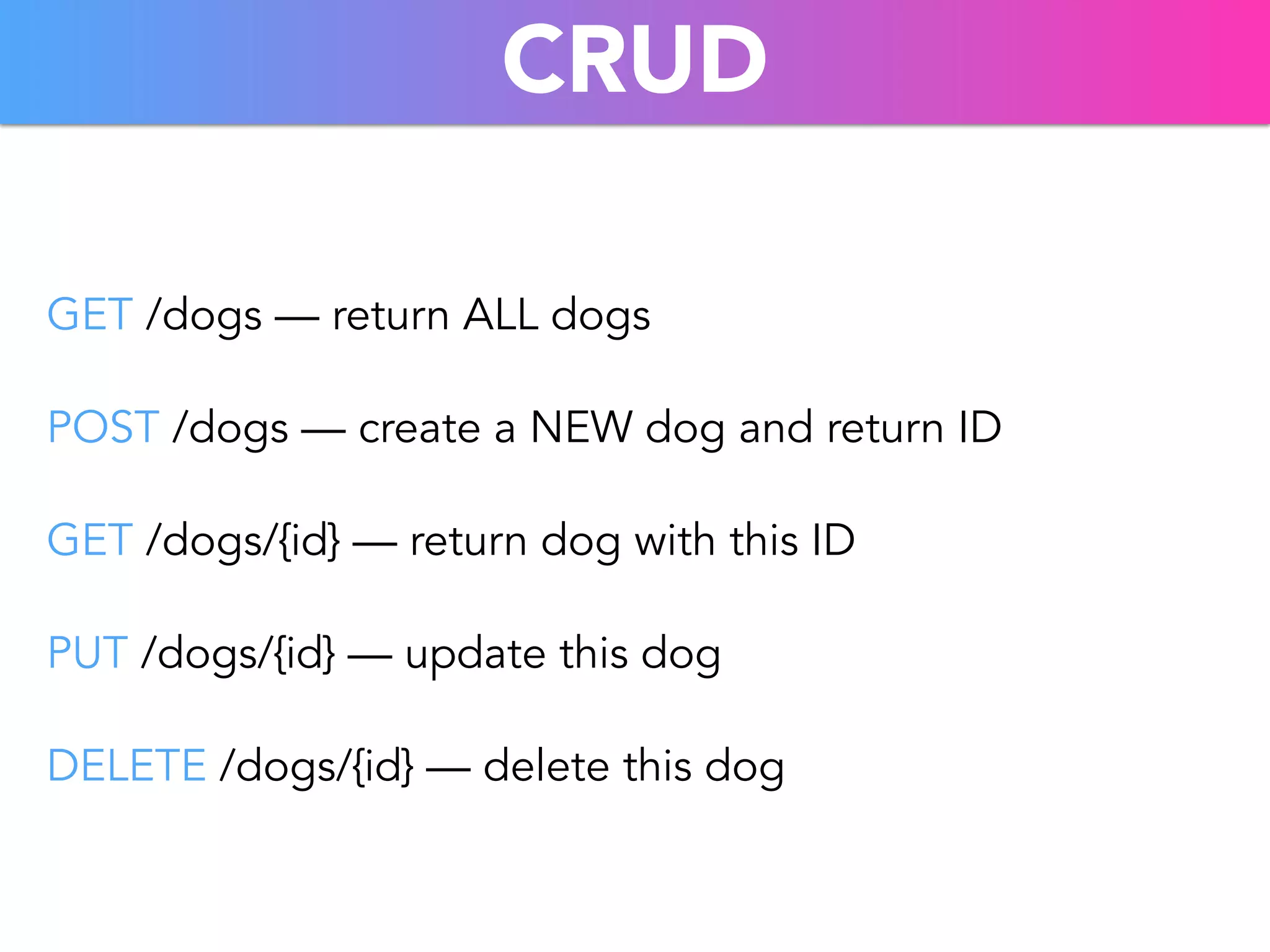 CRUD 
GET /dogs — return ALL dogs 
POST /dogs — create a NEW dog and return ID 
GET /dogs/{id} — return dog with this ID 
PUT /dogs/{id} — update this dog 
DELETE /dogs/{id} — delete this dog 
 