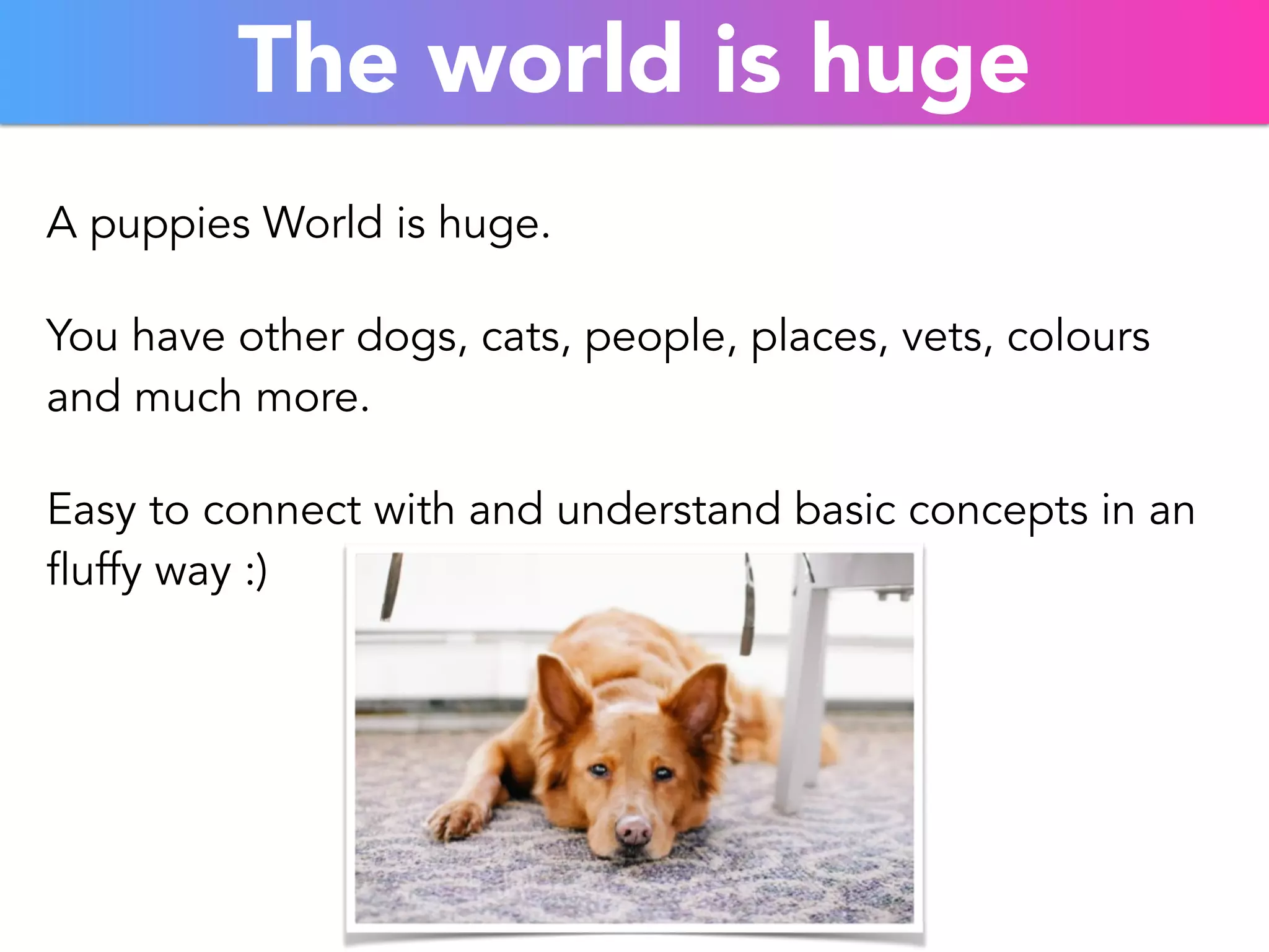 The world is huge 
A puppies World is huge. 
You have other dogs, cats, people, places, vets, colours 
and much more. 
Easy to connect with and understand basic concepts in an 
fluffy way :) 
 